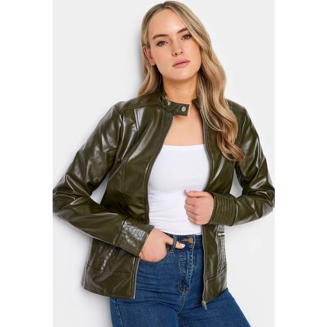 Lts Tall Khaki Green Faux Leather Funnel Neck Jacket 10 Lts | Tall Women's Faux Leather Jackets
