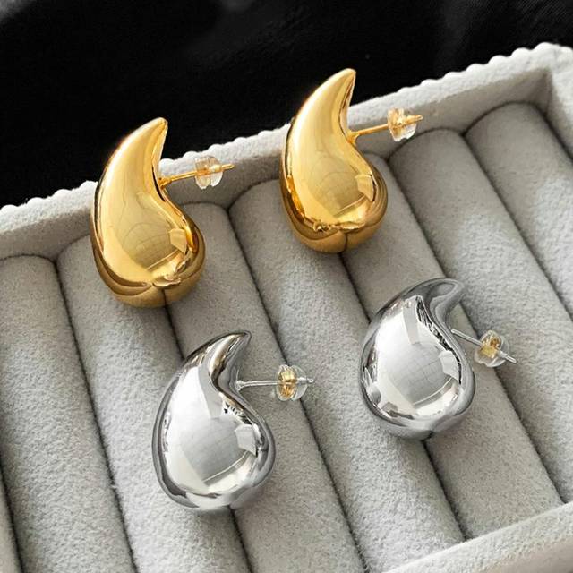 (Gold) Vintage Gold Color Plated Chunky Dome Drop Earrings for Women Glossy Stainless Steel Thick Teardrop Earring Jewelry