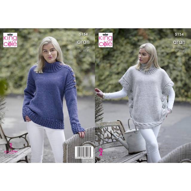 King Cole 5154 Aran Knitting Pattern Womens Poncho & Sweater