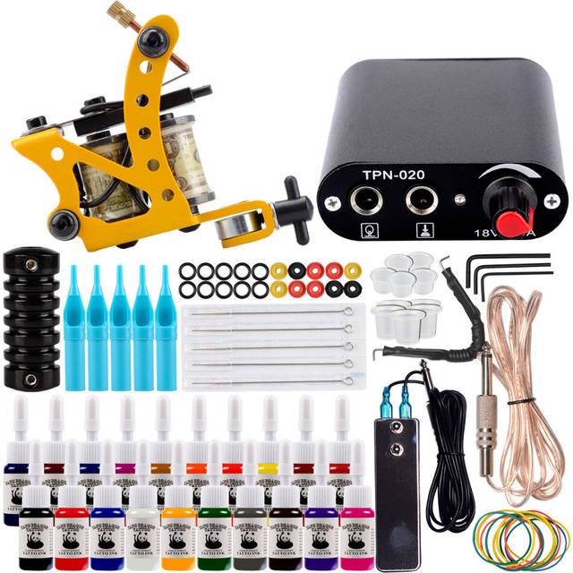 Tattoo Kit Complete Tattoo Machine Set Black Power Supply 20Pcs Inks Pigment Tattoo Needles Tattoo Accessories Lip Filler
