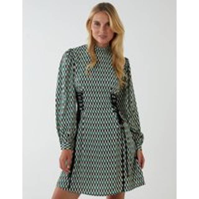 Womens Geo Print Lace Side Waist High Neck Dress - Green - 8