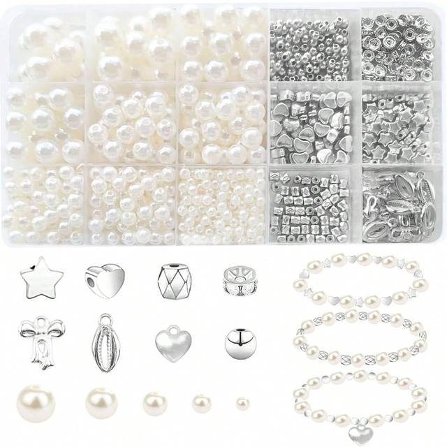 SHEIN 720pcs Faux Pearl Beads And Gold Silver Plated Spacer Beads For Bracelets Making, CCB Assorted Gold Beads, Star Beads, Heart Beads, Bow Pendant,Faux P
