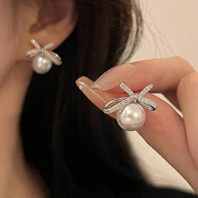 GAGAFEEL 1 Pair Vintage & Light Luxury S925 Sterling Silver Rhinestone Bow Faux Pearl Studs Earrings Simple Frenche Legant Earrings Jewelry Accessories Gift Fo