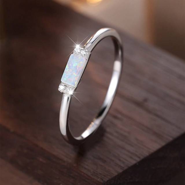 SHEIN 1pc Simple Sterling Silver Rectangle White Opal & Small White Diamond Ring For Women, Engagement Or Wedding Anniversary Gift Or Promise Ring