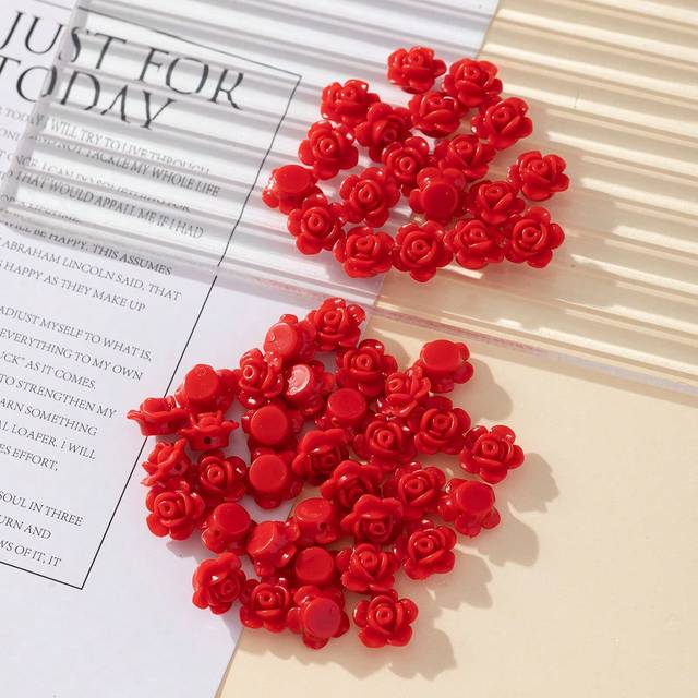 SHEIN 50 Simulated Flower Beaded Accessories, Fashionable And Personalized, Fresh And Pastoral Red Rose Loose Beads, Handmade Diy Jewelry Accessories Valent