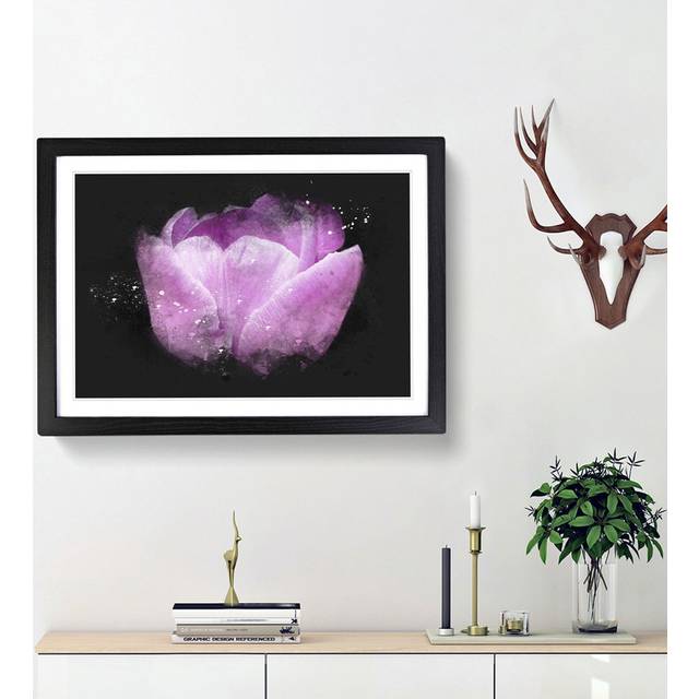 Lilac Pink Tulip Flower Paint Splash - Picture Frame Graphic Art - Walnut Framed (62cm H x 87cm W x 2cm D)