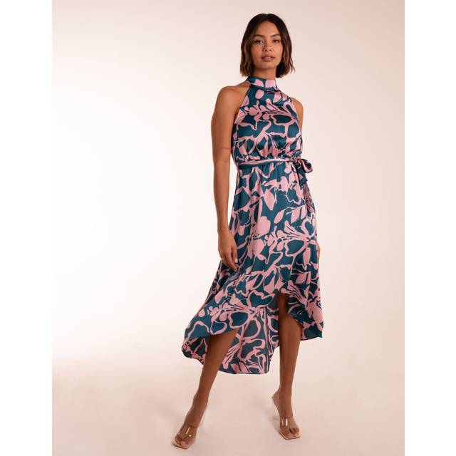 Abstract Print Halter Neck Midi Wrap Dress - Blue - Size 18 - Blue Vanilla