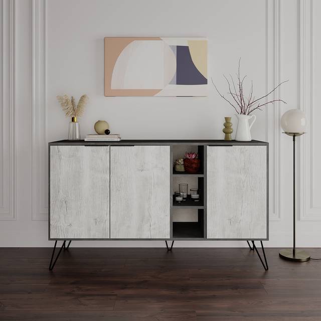 Jaycee 142 Cm Wide Sideboard | Stylish Storage Cabinet with Metal Hairpin Legs - Ancient White (83cm H X 142cm W X 35.6cm D)