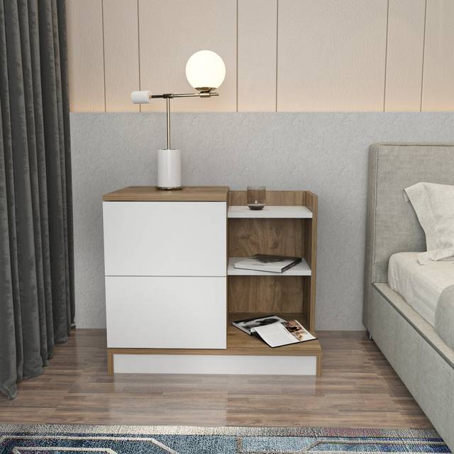 Rena 72 cm Wide Modern Nightstand with Shelves - Walnut (60cm H X 72cm W X 45cm D)