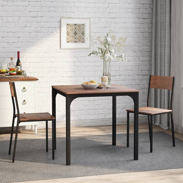 Industrial Style Dining Table and 2 Chairs Set, Rustic Brown