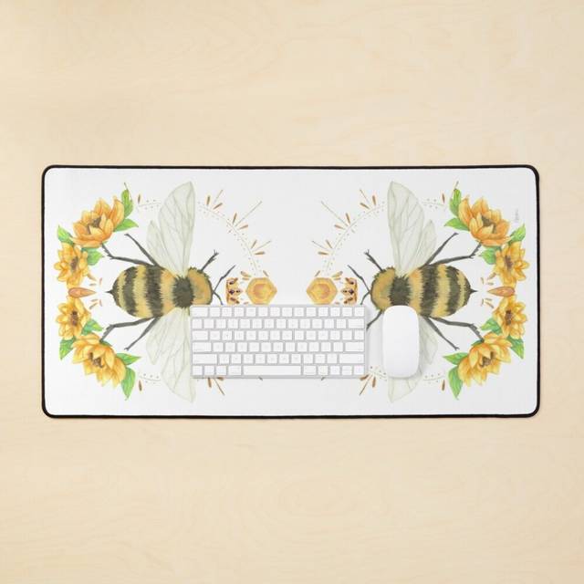 Desk Mat Daytime Bumble Bee with Sunflowers on Ivory Large Gaming Mouse Pad 35x16 inch