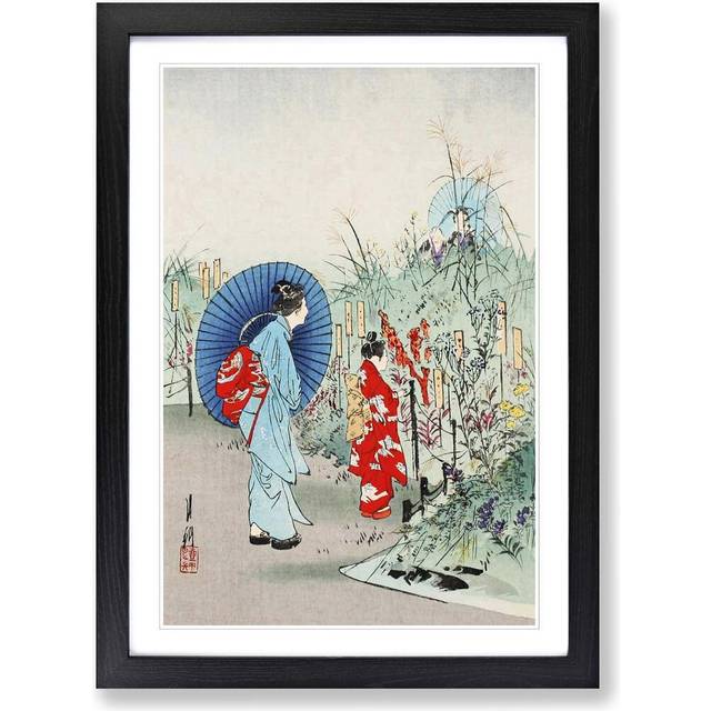 Japanese Oriental Autumn Flowers Framed Painting Print - Black (45cm H X 62cm W)
