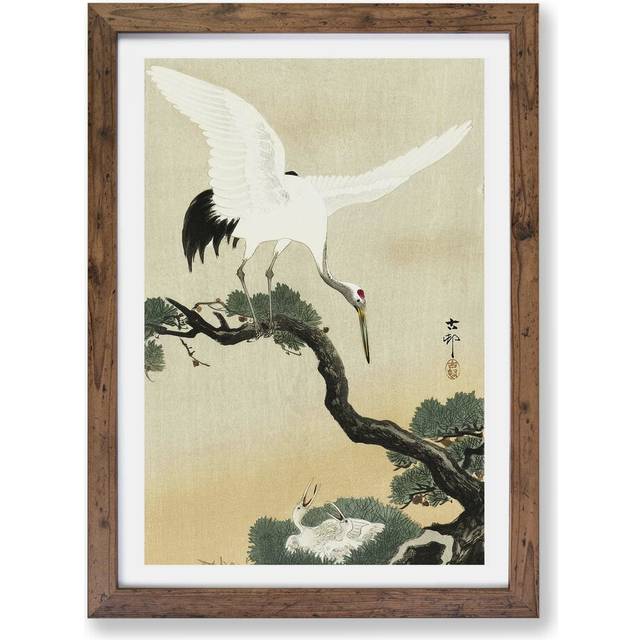 &#39;Japanese Crane Birds&#39; by Ohara Koson - Picture Frame Painting Print on Paper - Walnut (45cm H x 63cm W x 2cm D)