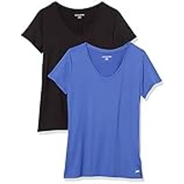 Amazon Essentials Women's Tech Stretch Short-Sleeve V-Neck T-Shirt (Available in Plus Size)  Pack of 2  Bright Blue/Black  Small