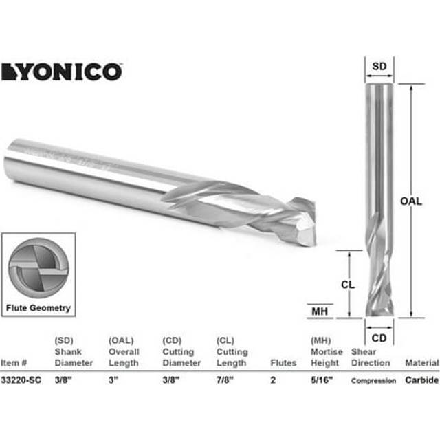 Yonico 33220-SC 3/8-Inch Dia. 2 Flute Compression Cut Spiral End Mill CNC Router Bit 3/8-Inch Shank