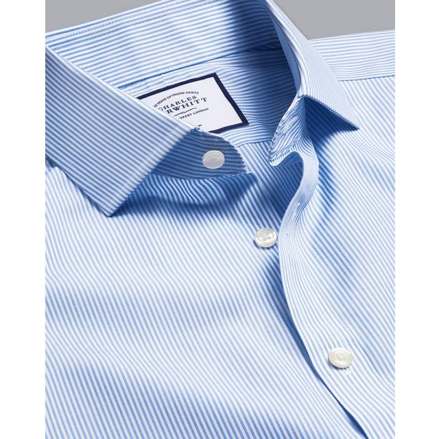 Men's Cutaway Collar Non-Iron Poplin Bengal Stripe Cotton Formal Shirt - Cornflower Blue Single Cuff, Small by Charles Tyrwhitt (Small)