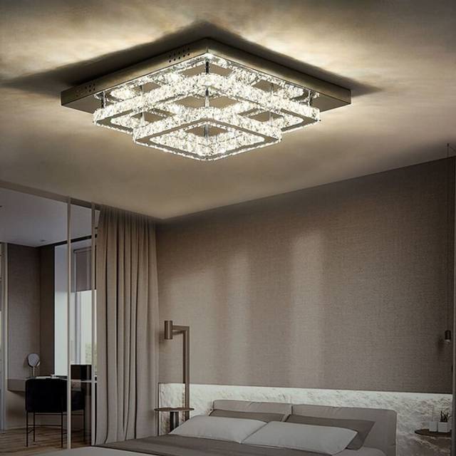 Square Crystal LED Semi Flush Ceiling Light - Dimmable - Silver