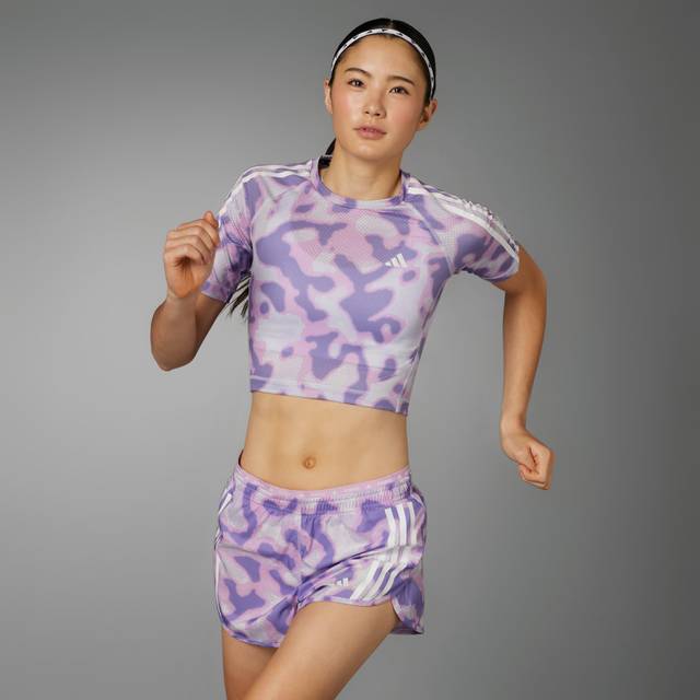 Own the Run 3-Stripes Allover Print T-Shirt - Dash Grey / Silver Dawn / Bliss Lilac / Magic Lilac