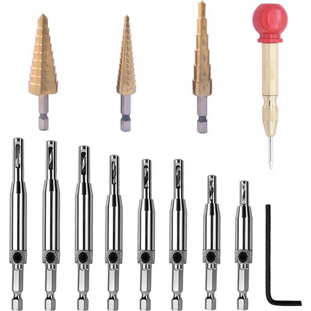 Drillpro 13Pcs Woodworking Hole Drill Bit Combination Set High Speed Steel Woodworking Hinge Head Imperial Pagoda Drill Golden Center Punch