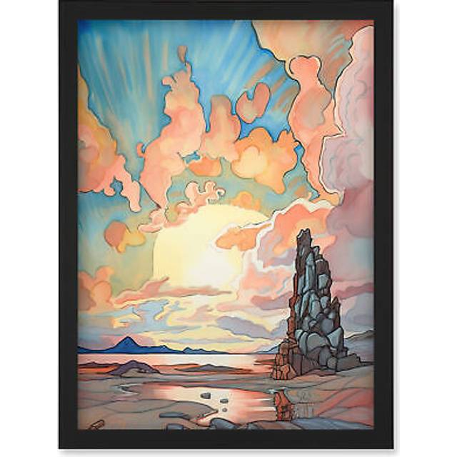 Atmospheric Clouds Over Mono Lake at Dawn Lakeside Rock Landscape Modern Watercolour Painting Artwork Framed Wall Art Print A4 - Black - One Size