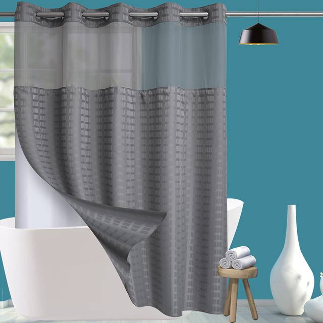 Conbo Mio Hotel Style Fabric Shower Curtain with Snap in Liner for Bathroom Machine Washable Repellent Shower CurtainCheck Gray Grey 71 W x 74H