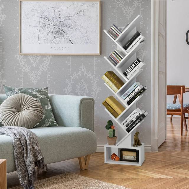 Tree Bookshelf Free-Standing Bookcase Storage Organizer With 10 Shelves - White (150cm H X 38cm W X 20cm D)