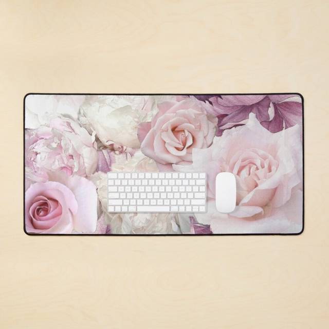 Desk Mat Big Soft Pink Roses Summertime Botanical Garden Flowers  Large Gaming Mouse Pad 35x16 inch