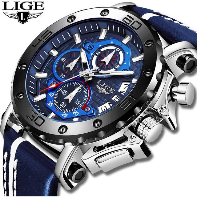 (Silver Blue) 2020 LIGE New Mens Watches Top Brand Luxury Big Dial Military Quartz Watch Leather Waterproof Sport Wrist watch Men Reloj Hombre
