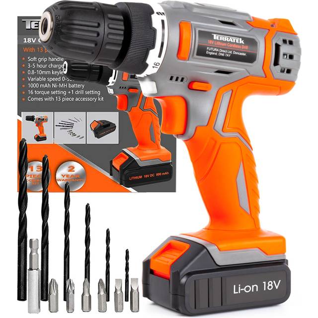 Terratek 18V Electric Cordless Drill Combi Drill Driver Screwdriver Set