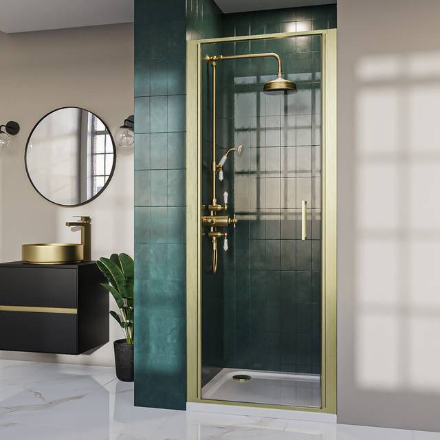 800mm Brushed Brass Hinged Shower Door 8mm Glass - Pavo