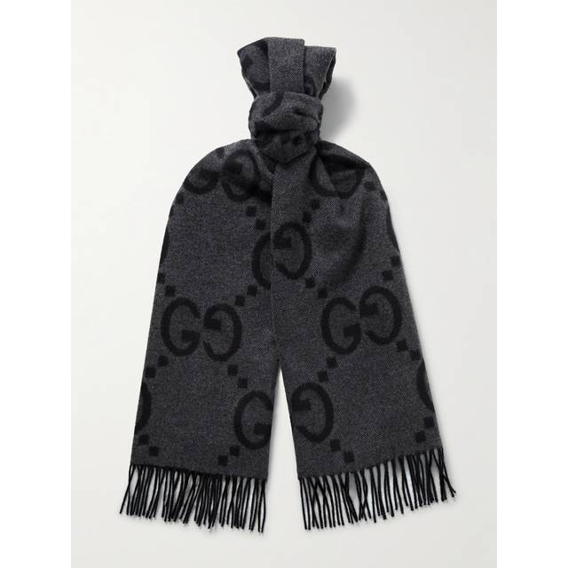 Gucci - Fringed Logo-Jacquard Cashmere Scarf - Men - Gray