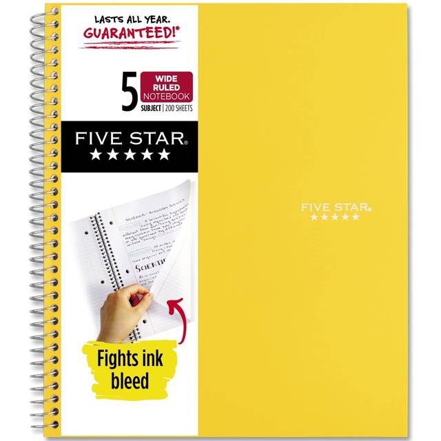 "Five Star Spiral Notebook + Study App  5 Subject  Wide Ruled Paper  Fights Ink Bleed  Water Resistant Cover  8"""" x 10-1/2""""  200 Sheets  Harvest Yello"