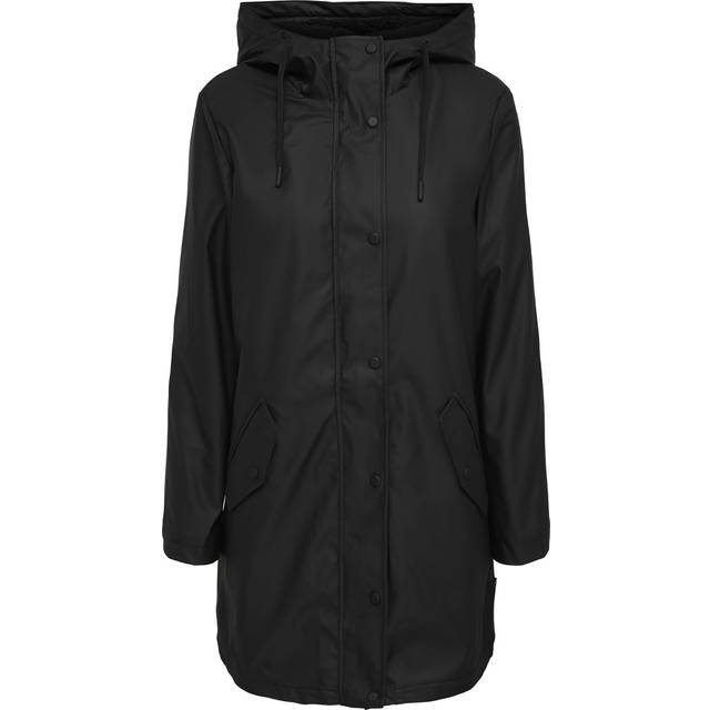 Hooded Mid-Length Raincoat - Plain Black - XS
