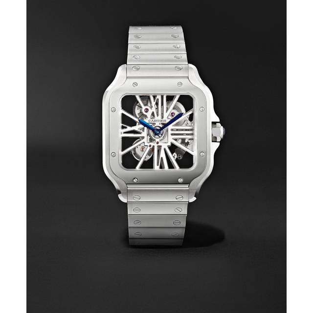Large Steel Santos de Cartier Skeleton Watch - Clear - 47mm