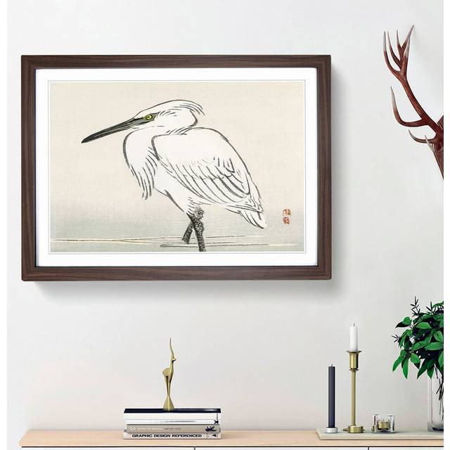 Snowy Egret by Kono Bairei - Picture Frame Painting Print - Walnut Framed (27cm H x 36cm W x 2cm D)