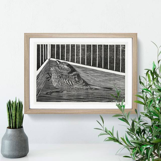 Bird in the Cage by Samuel De Mesquita - Picture Frame Painting - Oak Framed (36cm H x 48cm W x 2cm D)