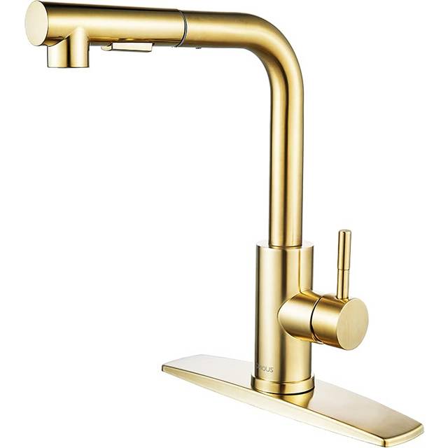 FORIOUS Gold Kitchen Faucet, Single Handle Kitchen Sink Faucet with Pull Down Sprayer, Modern Stainless Steel Brass Copper Commercial Kitchen Faucet