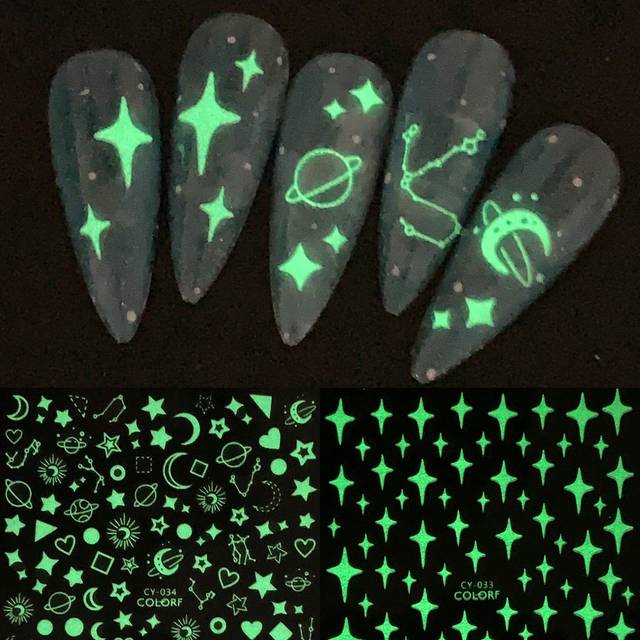 SHEIN Luminous Star Heart Nail Art Stickers 2pcs 3D Glow In Dark Planet Geometry Lines Moon Nail Decals Transfer Manicure Design Night Light Holographic Man