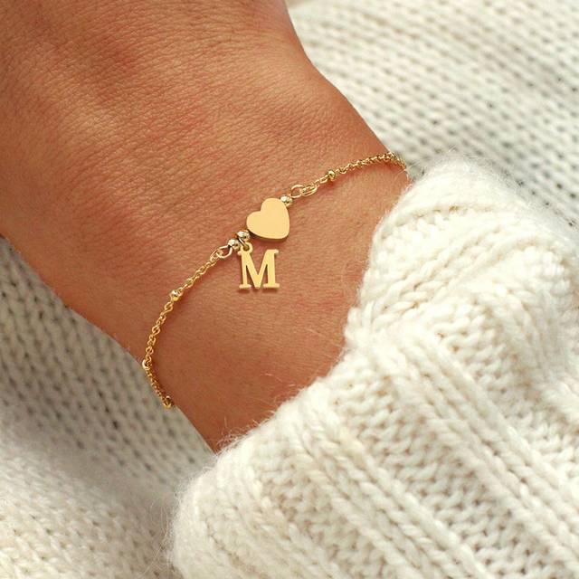SHEIN 1PC Fashion Stainless Steel Heart Initial Bead Chain Bracelet For Women Valentines