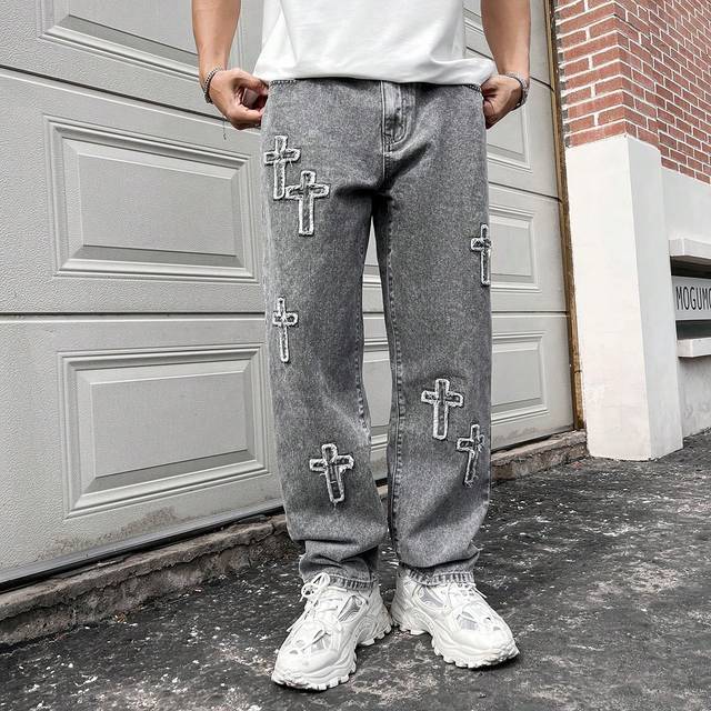 Manfinity Men&#39;s Loose Fit Straight Leg Jeans With Cross Pattern, Plain Long Baggy Light Grey Washed Jeans, For Husband, Boyfriend Gifts