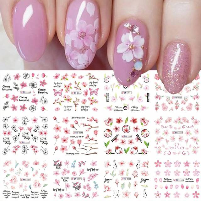 SHEIN 12 Designs Sakura Nail Art Decals Stickers Cherry Blossom Flower Transfer Foils Summer DIY Water Transfer Sliders Manicure Decorations