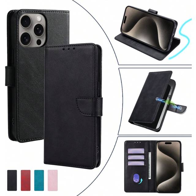 keyunfei Black Smartphone Flip Case, Faux Leather Card Holder Wallet Cover With Multi-Card Slots, Kickstand & Cash Pocket For IPhone 16/16E/15/14/13/12/11/Pro