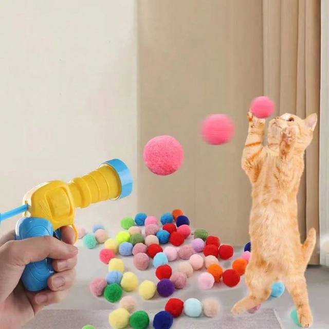 1 st plysch bollstartare plast katt interaktiv leksak med slumpmässig färg plysch pompom bollar för kattleksaker - Multifärgad (1 launcher + 30 bollar,1 launcher + 5 bollar)
