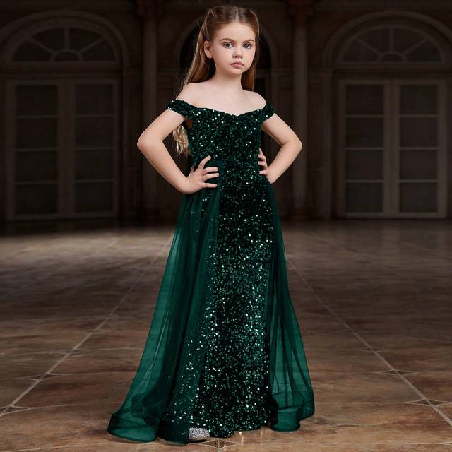 SHEIN Tween Girl Off Shoulder Waist Mesh & Sequin Formal Dress