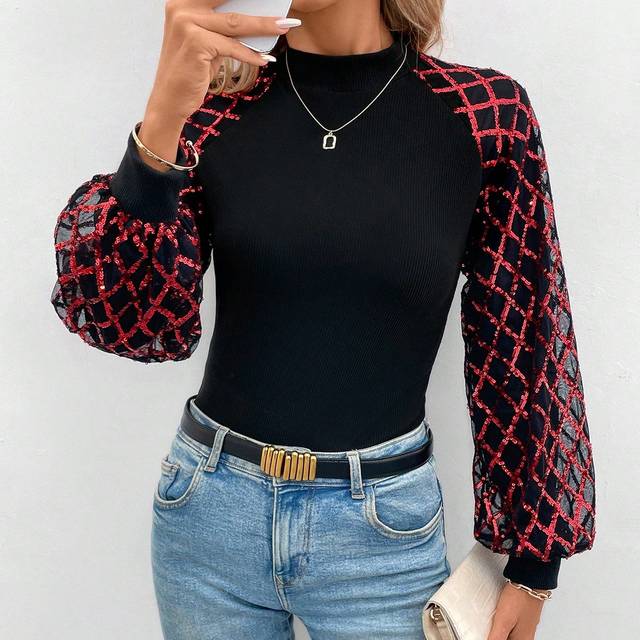 SHEIN Women&#39;s Patchwork Glitter Mesh Inset Raglan Sleeves T-Shirt