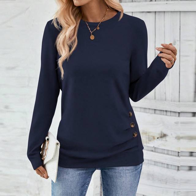 EMERY ROSE Women&#39;s Round Neck Long Sleeve T-Shirt With Button Decorated Hemline