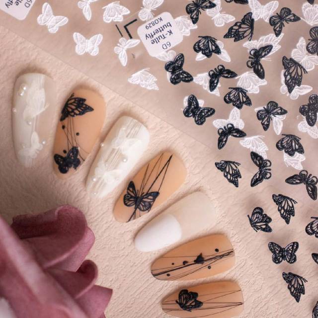 SHEIN 1 Piece Of Relief/3D Relief Butterfly Nail Art Sticker, Black And White, Special For Press-On Nails , Shell Aurora Bow Nail Art Sticker, Suitable For