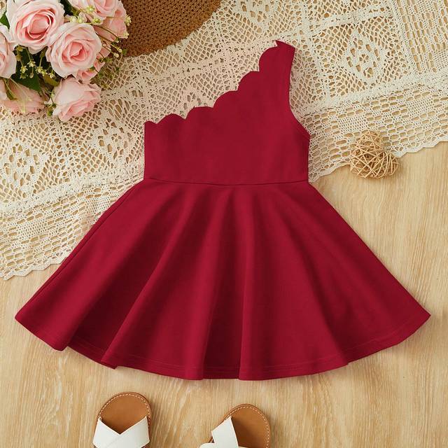 SHEIN Baby Girl Chic Asymmetrical Neck Arc-Shaped Edge Party Dress, Perfect For Birthday Party