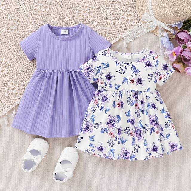 SHEIN Spring 2pcs/Set Baby Girl Solid Color & Flower Printed Dresses