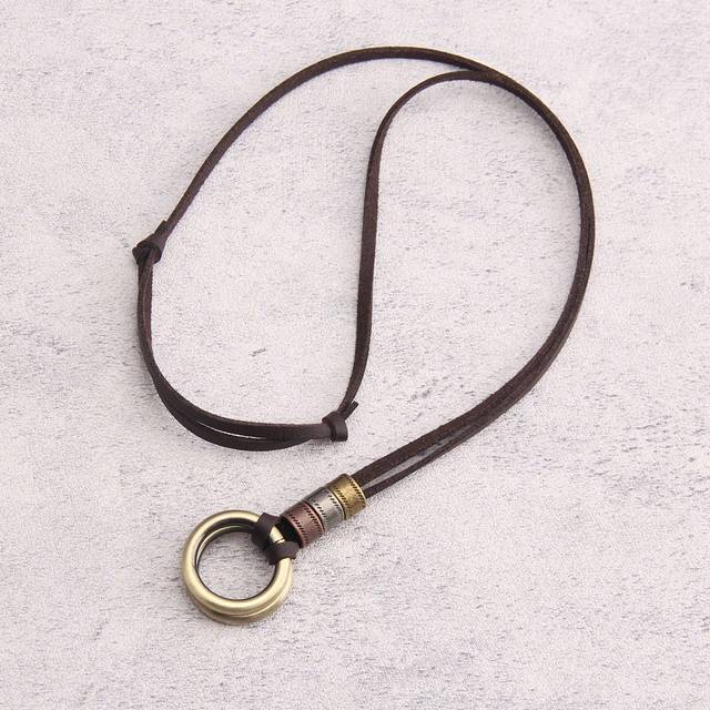 SHEIN 1pc Adjustable Three Color Zinc Alloy Double Ring Shaped Pendant Simple Necklace, Men&#39;s Brown Leather Necklace Hip Hop Fashion Long Chain